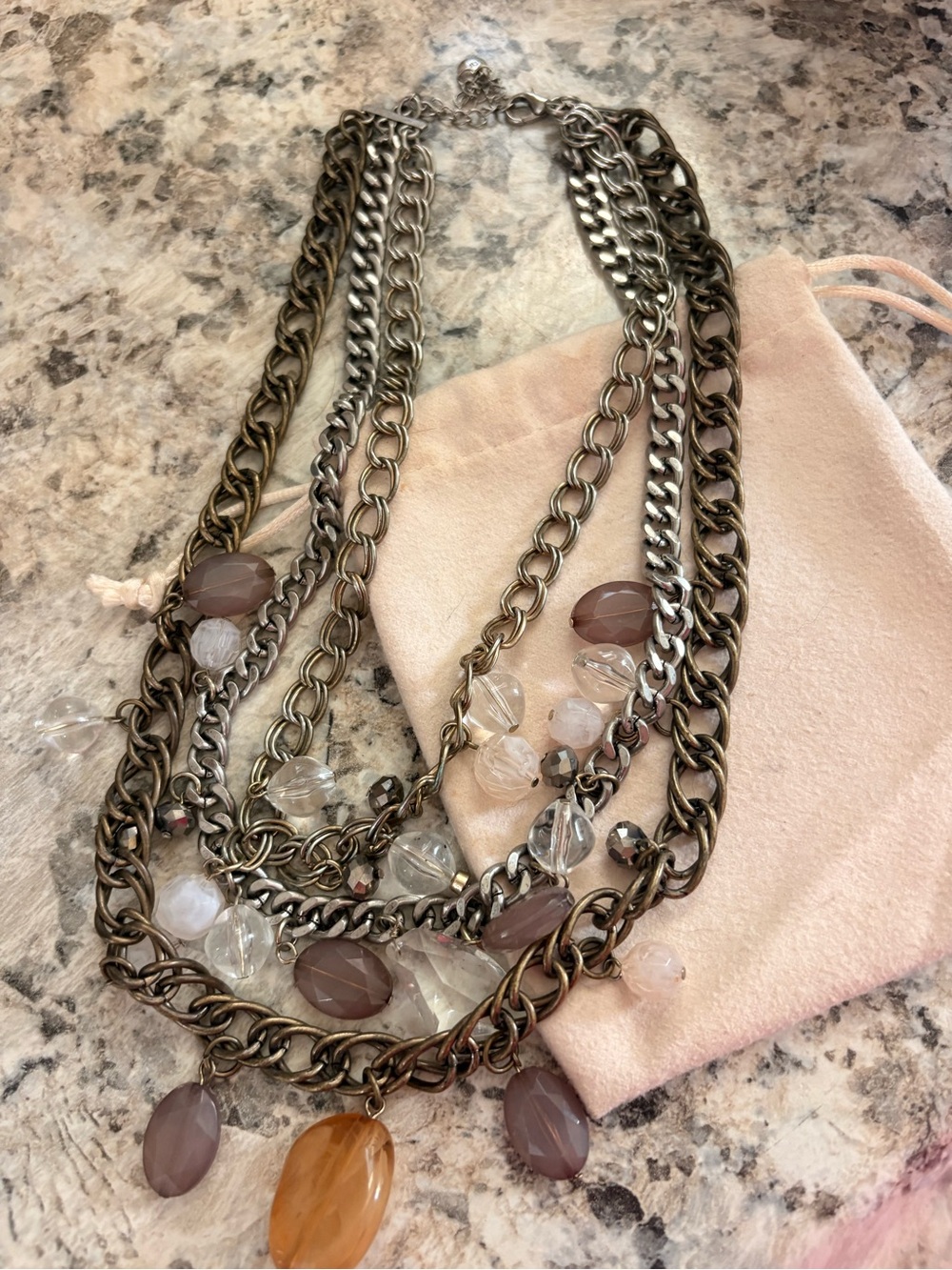 LOFT Multi-Chain Statement Necklace with Brown, Clear and Rose Beads